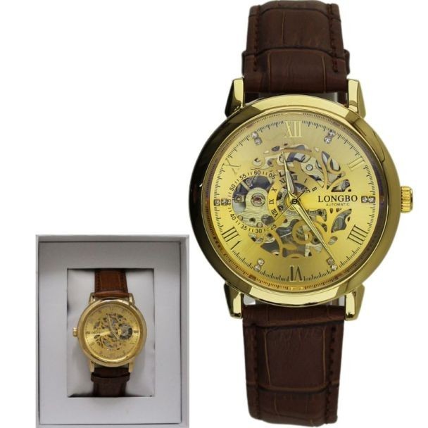 Longbo Men’s Automatic Watch with Leather Strap – Gold/Brown