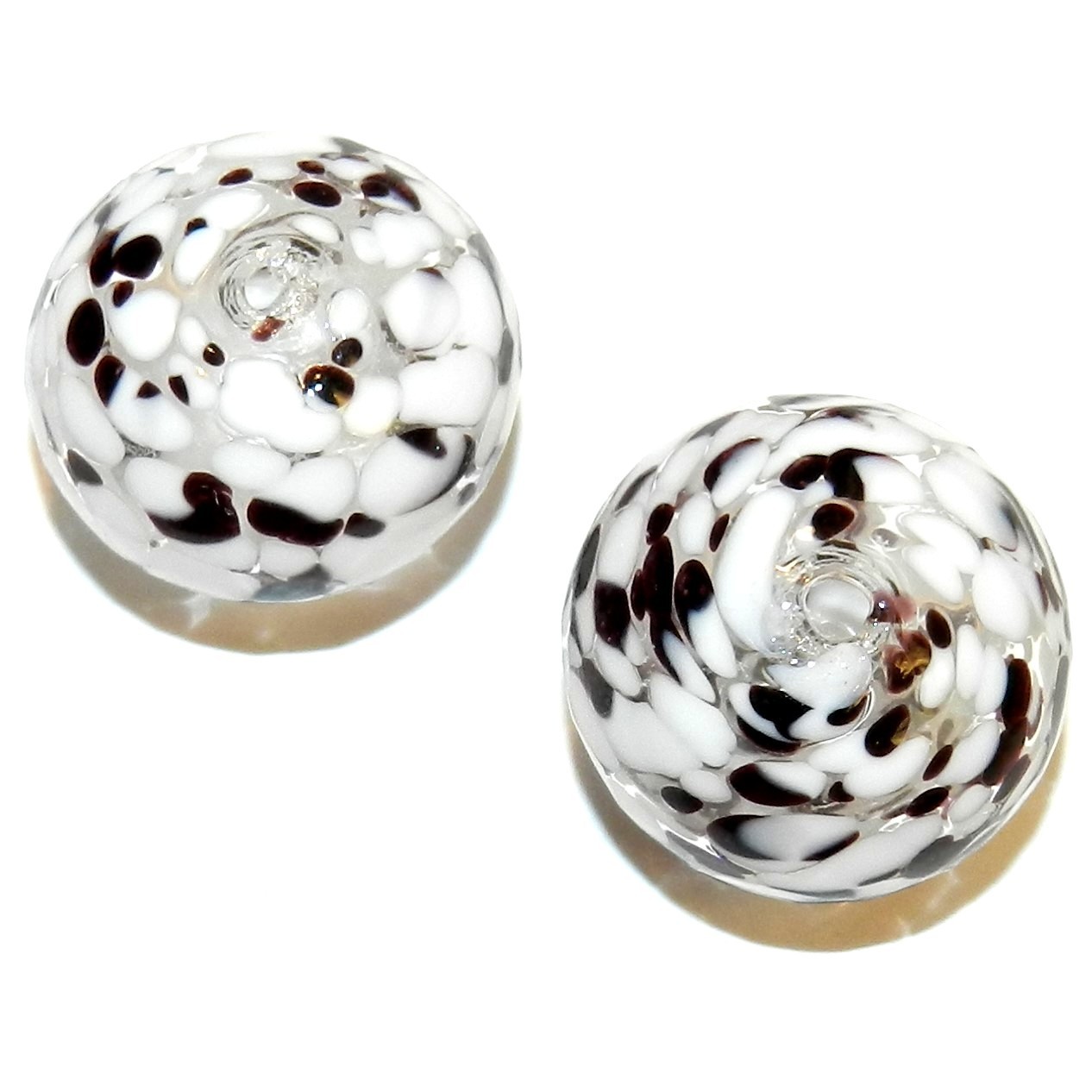 G4285 Clear with White & Brown 20mm Rondelle Blown Lampwork Glass Beads 2pc