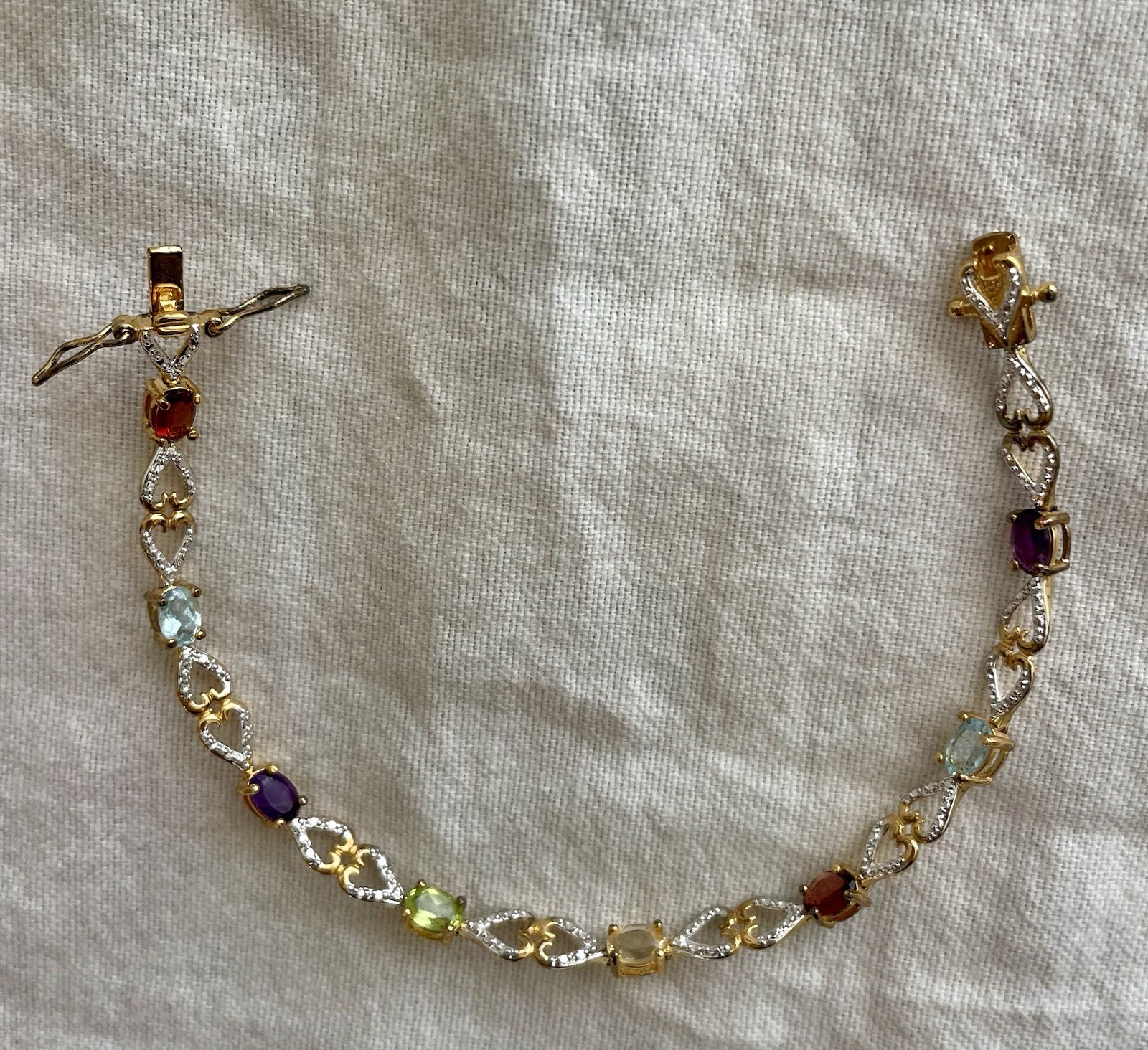 China 925 Sterling Silver Multicolor Gemstone Heart Link Bracelet 7.5” Two Tone