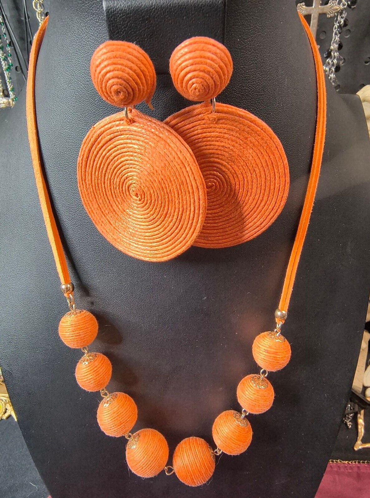 Vintage 1946 Orange Statement Necklace Earring Set Boho Fiber Wrapped Artisan