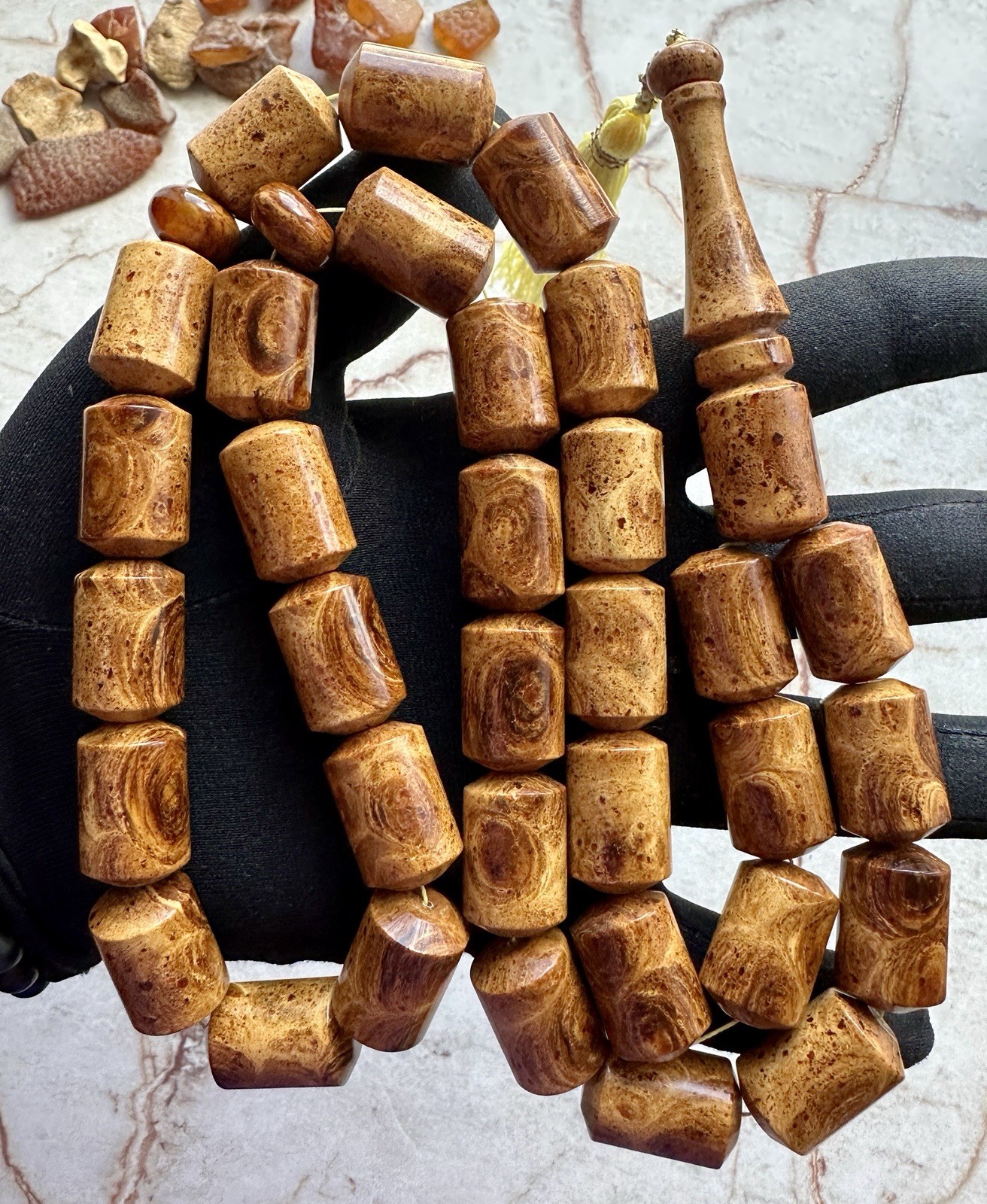 Big Baltic Amber 140g. Islamic Prayer Rosary Barrel 33 Brown Beads Pressed