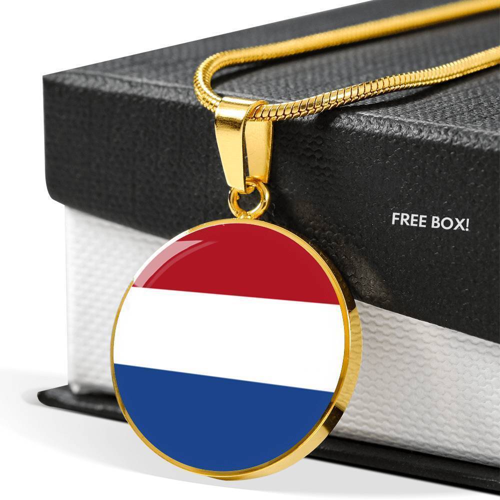 Netherlands Flag NecklaceCircle Pendant Necklace Stainless Steel 24 Inch Chain