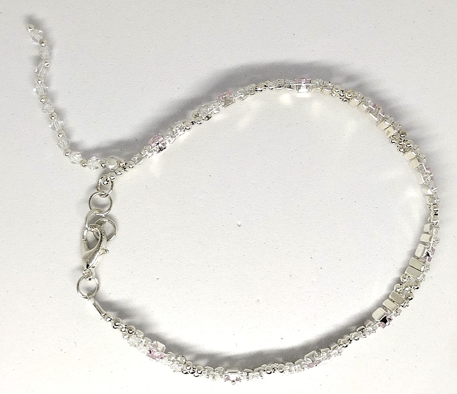 7-inch Bracelet Rectangle Stack – 2x4mm White, 3mm PINK Square Prong-Sets