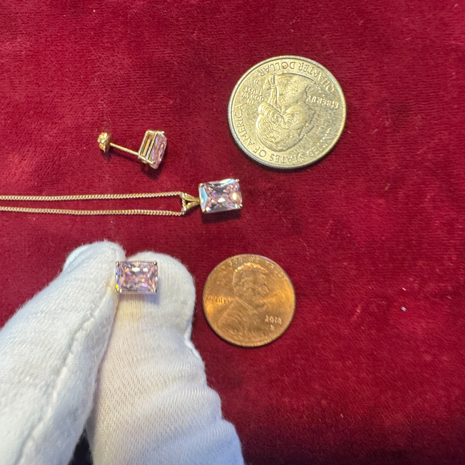 Solid 10k Gold Earrings and Necklace / Pink Tourmaline / 3.2 Grams / 18″ Long
