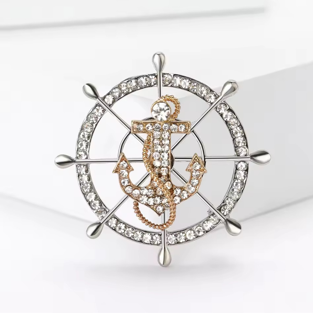 Nautical Ship Wheel Anchor Brooch Rhinestone Cruise Sailing Pin Sea Jewelry Gift