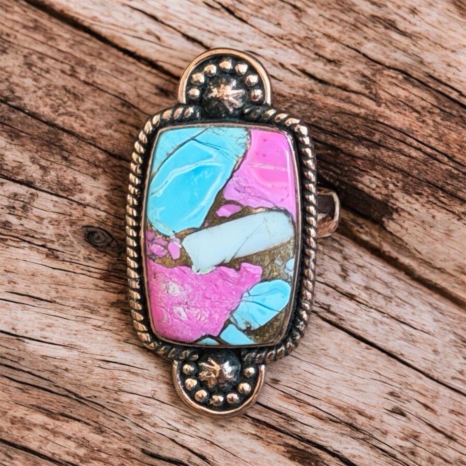 Cotton Candy Dahlia Kingman Turquoise Ring Adjustable 8-12 Southwestern