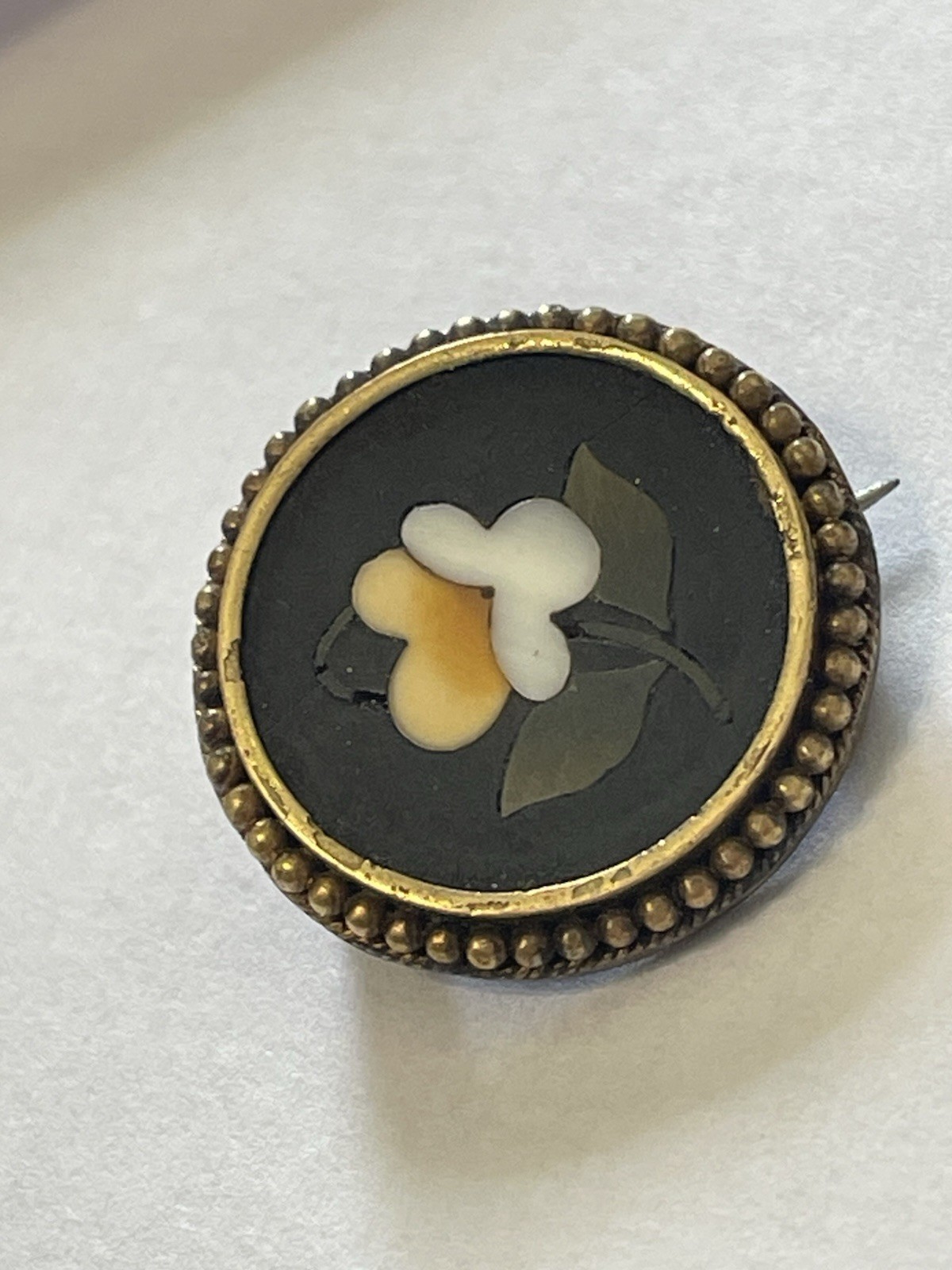 Antique 18k Pietra Dura Brooch Pin Italian Inlaid Floral Victorian Style Mosaic