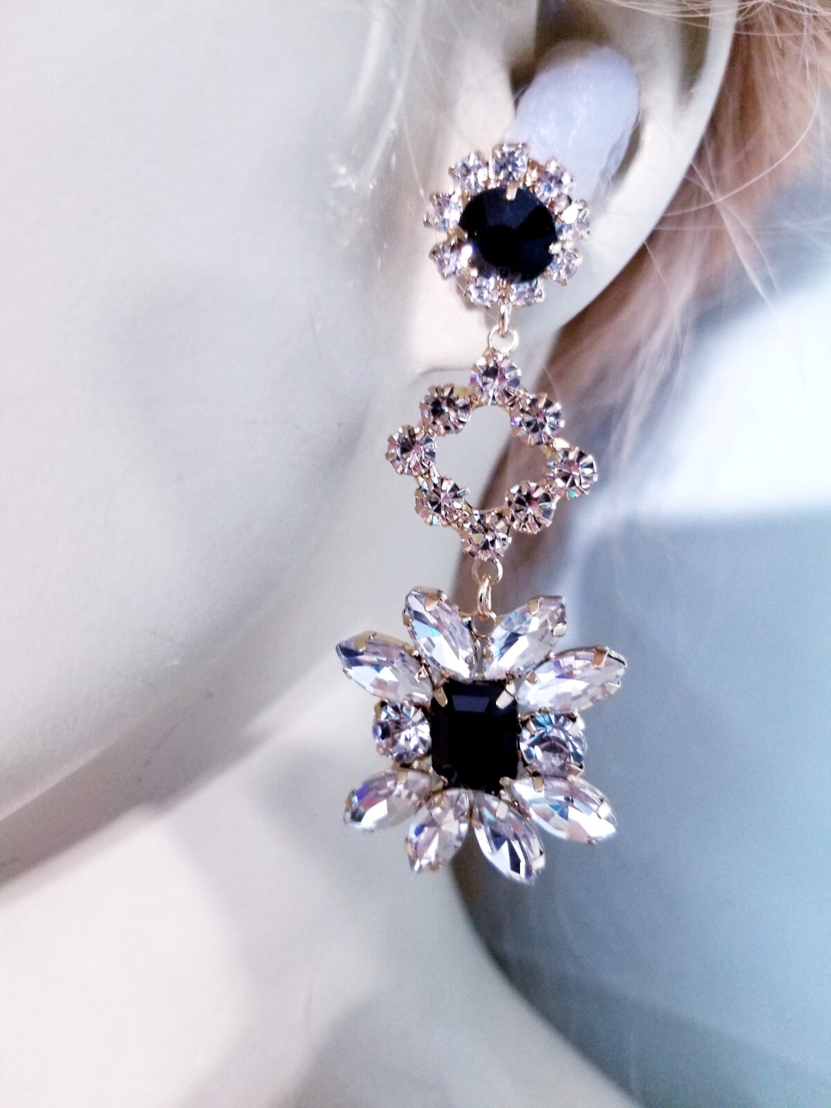 Bridesmaid Drop Dangle Chandelier Earrings 2.8 in Black Rhinestone Pageant Prom
