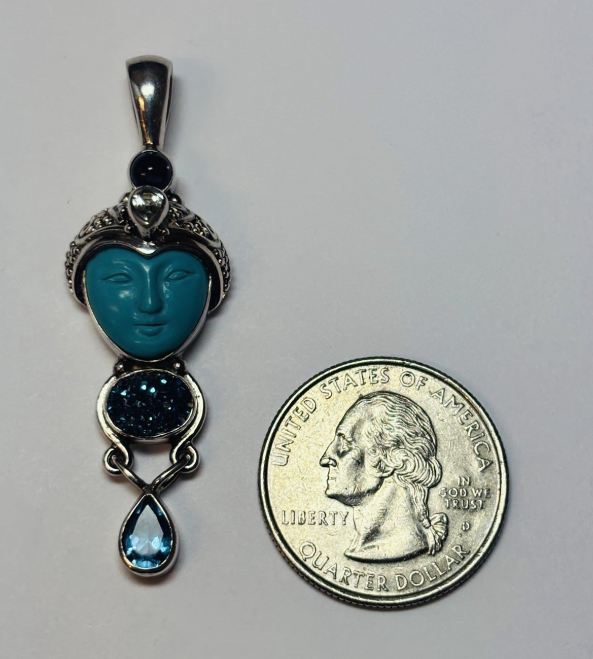 Sajen Sterling 925 Silver Carved Face Turquoise Druzy Quartz Pendant -.23