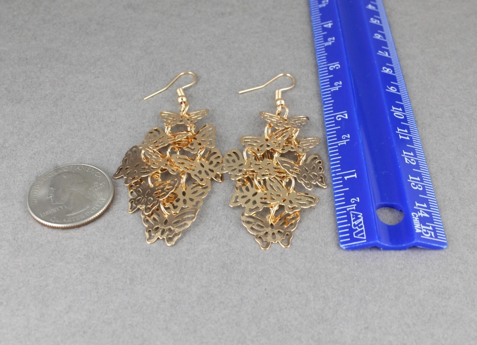 Gold chandelier earrings filigree butterfly dangle pendant wiggly 3″ long
