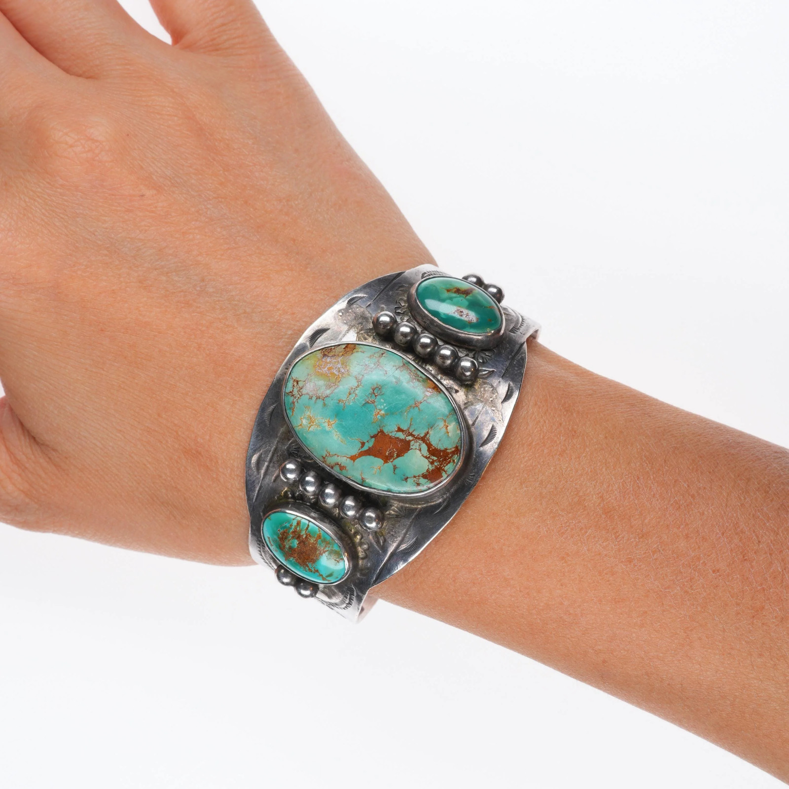 6.3″ 1950’s Vintage sterling silver Fred Harvey Royston turquoise cuff bracelet