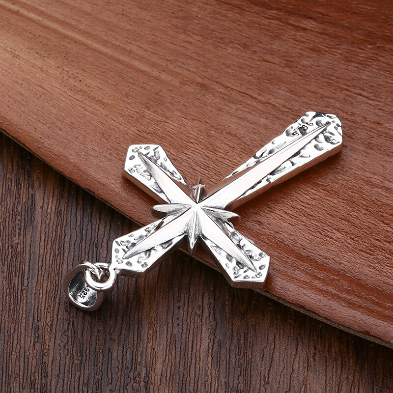S925 Silver STARBURST CROSS Pendant Textured Hammered Mens Large HEAVY 16g