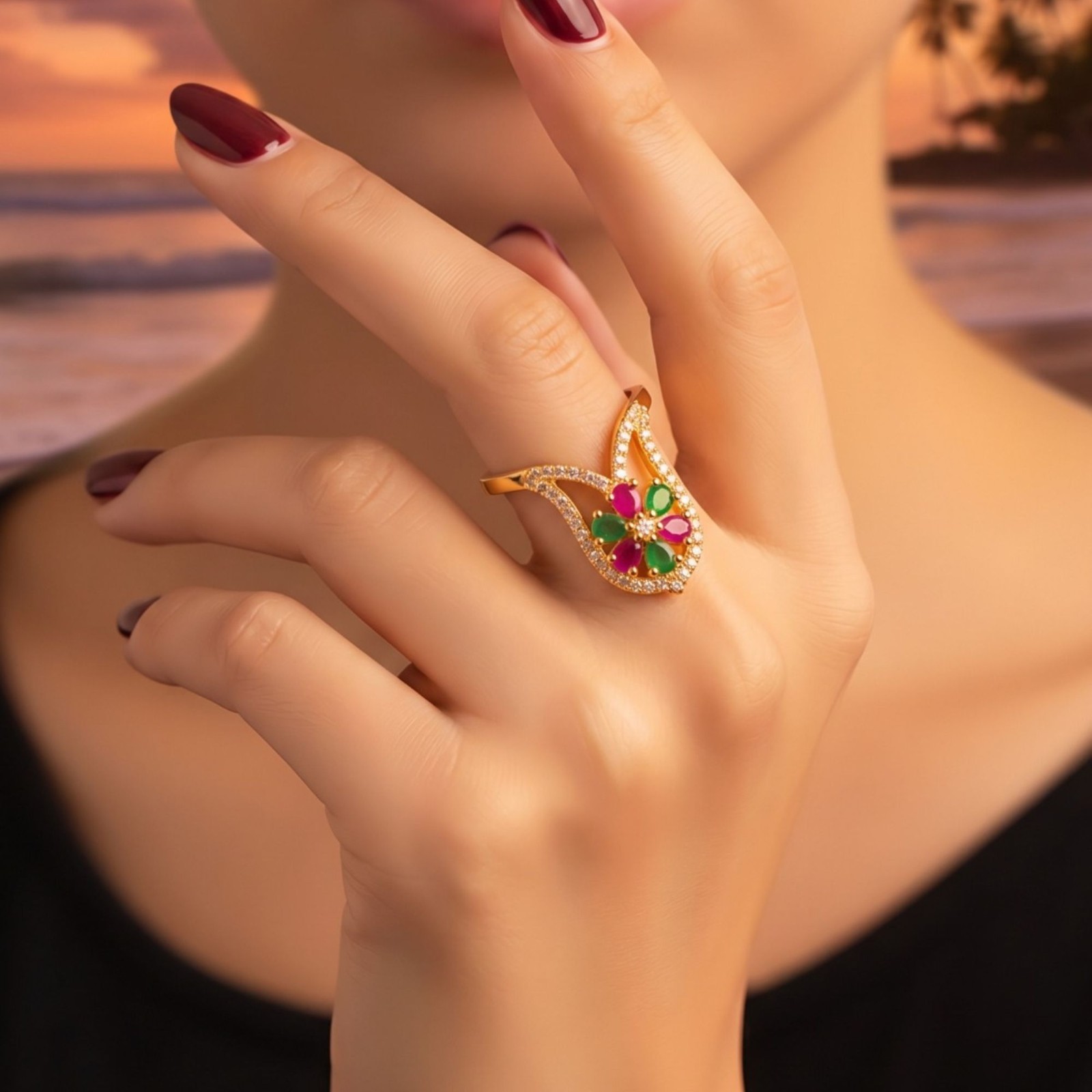 Gold Plated CZ Vanki Ring: Adjustable Indian Design