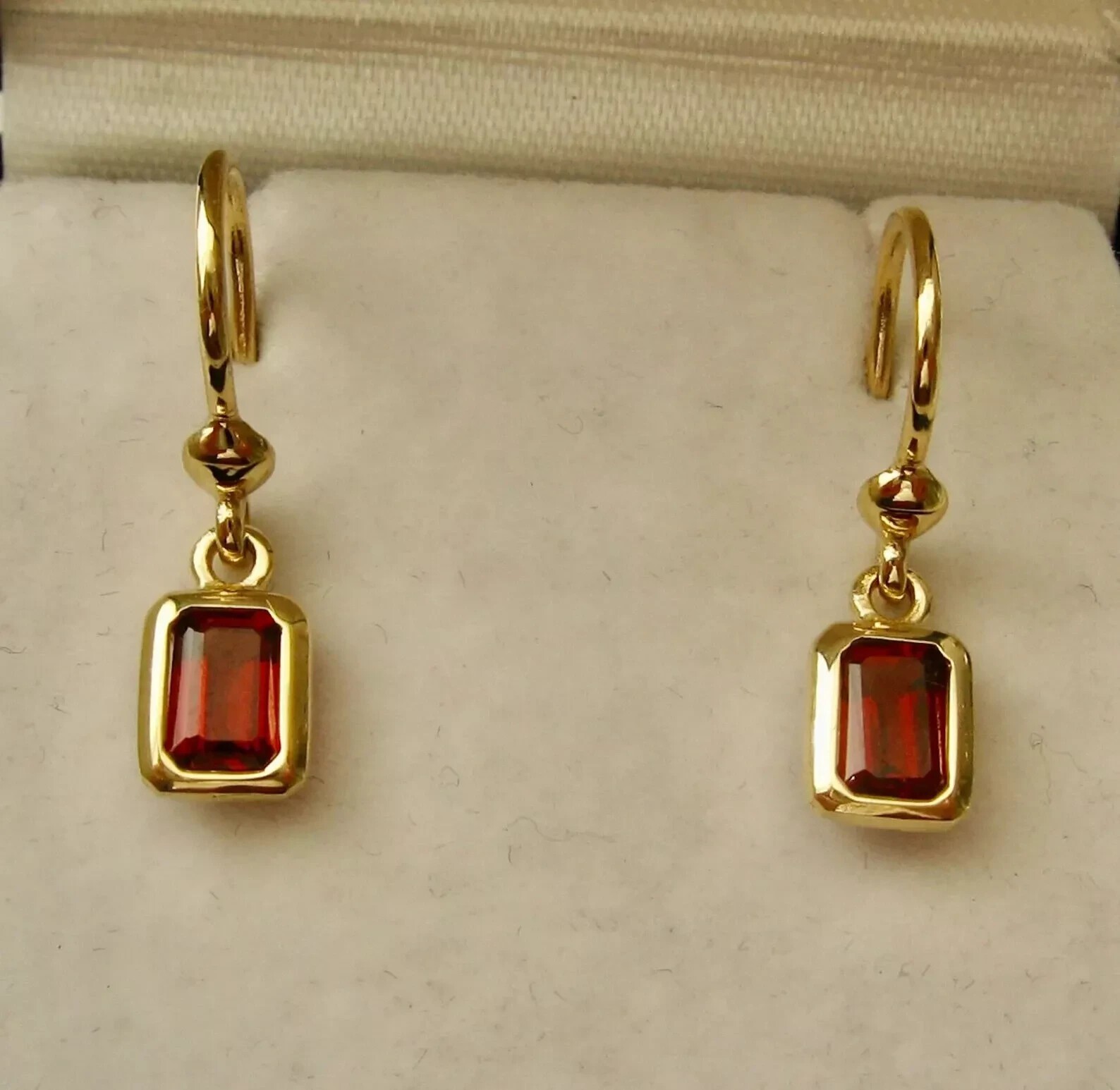 14K Yellow Gold Plated Drop-Dangle Earring 2Ct Emerald Cut Simulated Red Garnet