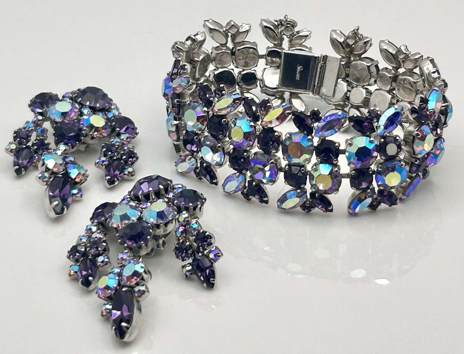 Signed Sherman Rhinestone Bracelet & Earrings Purple & AB Rhinestones