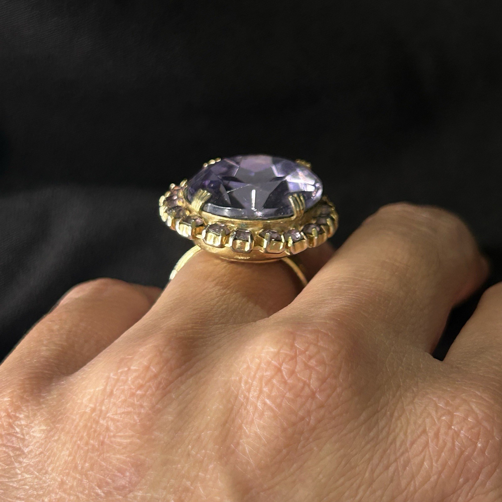 Vintage Ring Size 7.5 Adjustable Faux Amethyst Cluster Gold Tone