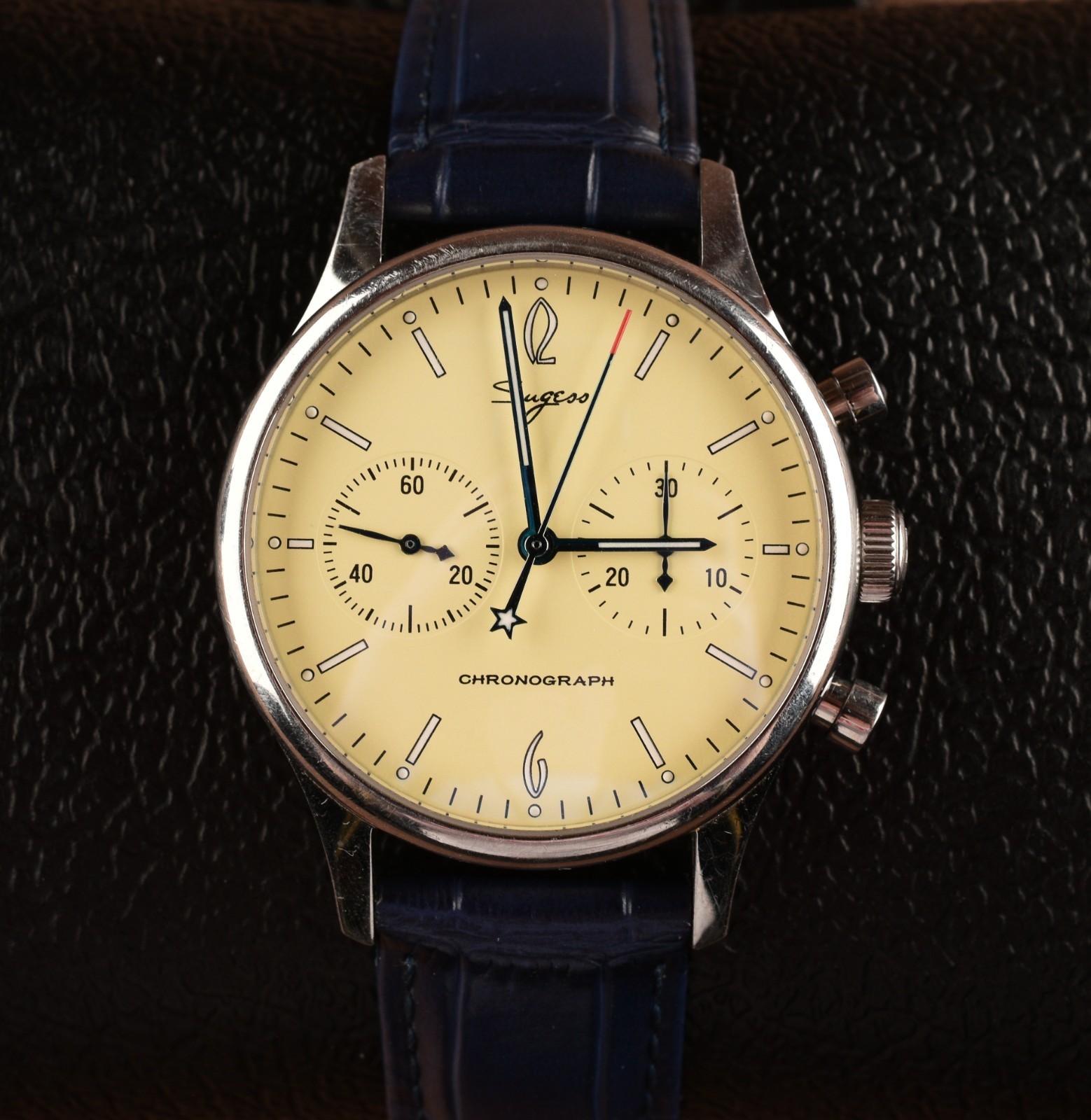 *Sugess Chronograph Mechanical II ST1901 Stainless Steel, Navy Leather Bracelet
