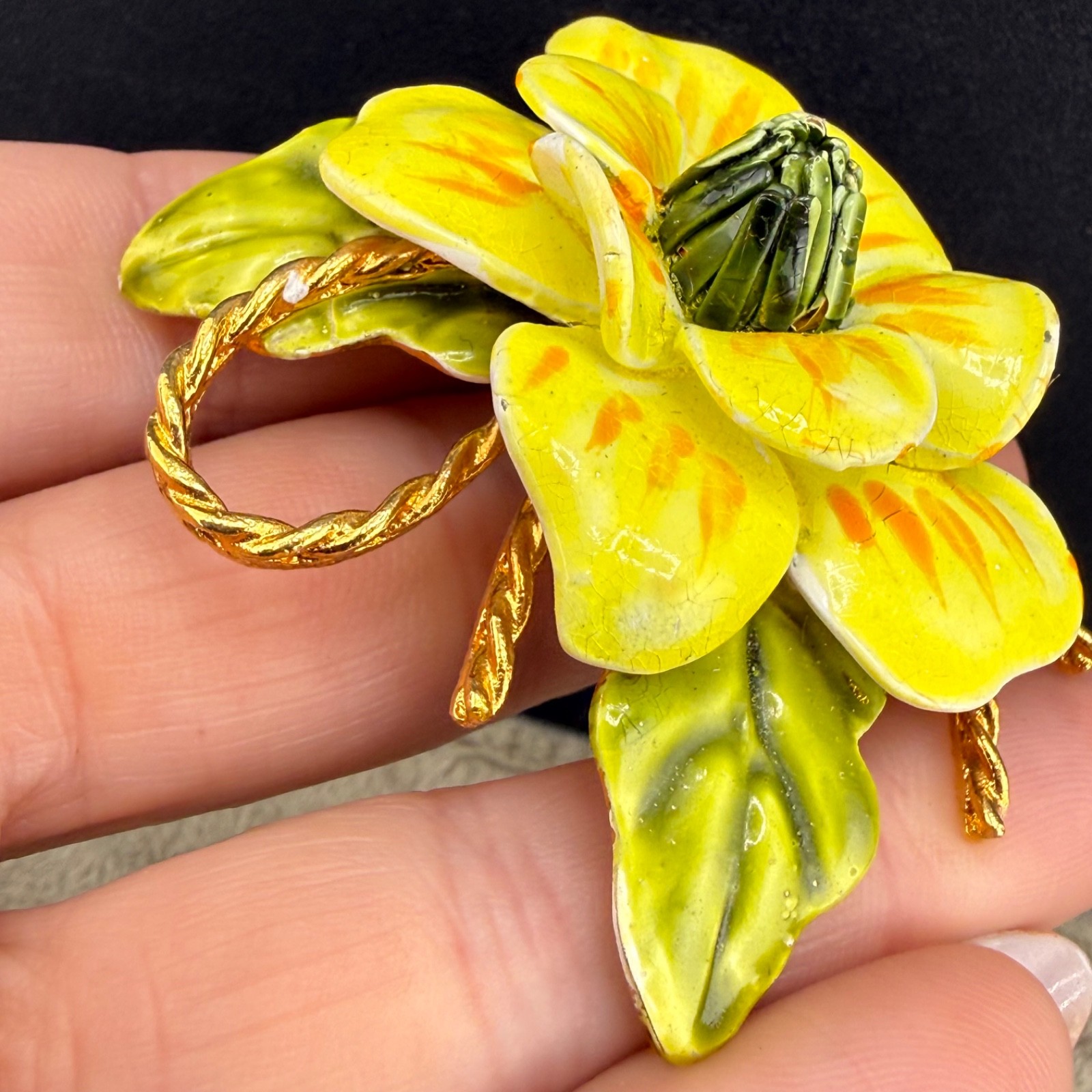 Vintage Enamel Flower Brooch Yellow Mod Pop Art