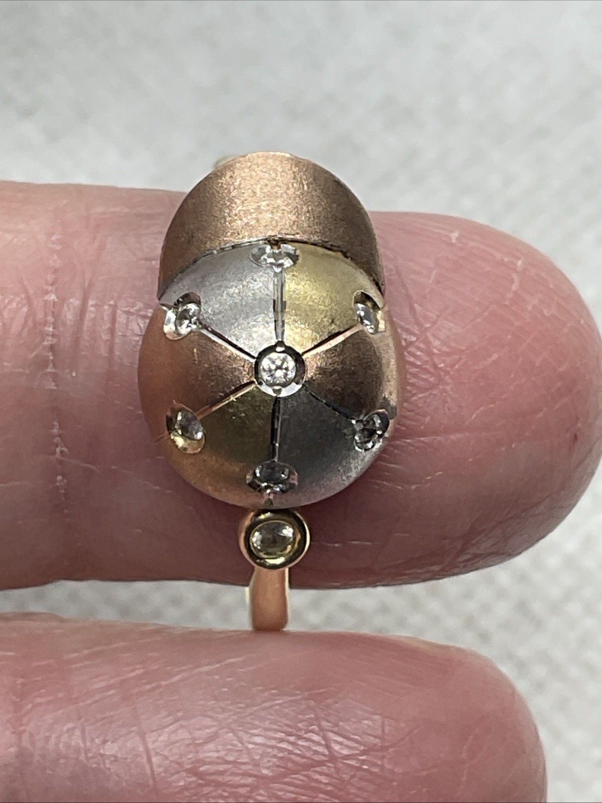 HANDMADE Solid 14K Tricolor Gold White CZ DOME Style ROTATING BASEBALL CAP Ring