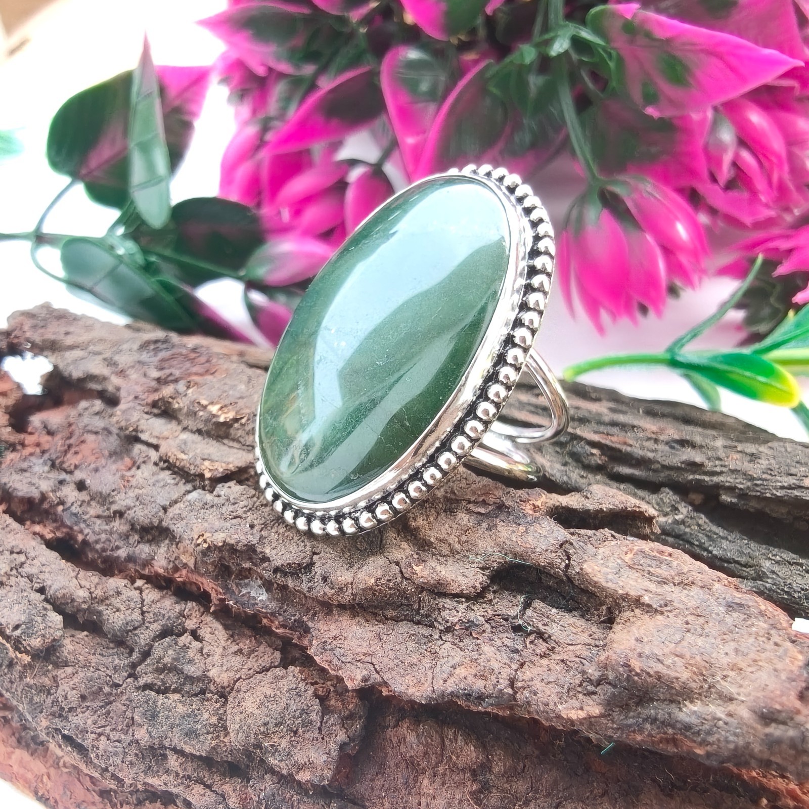 Green Jade Oval Stone Gemstone 925 Silver Handmade Statement Ring Jewelry