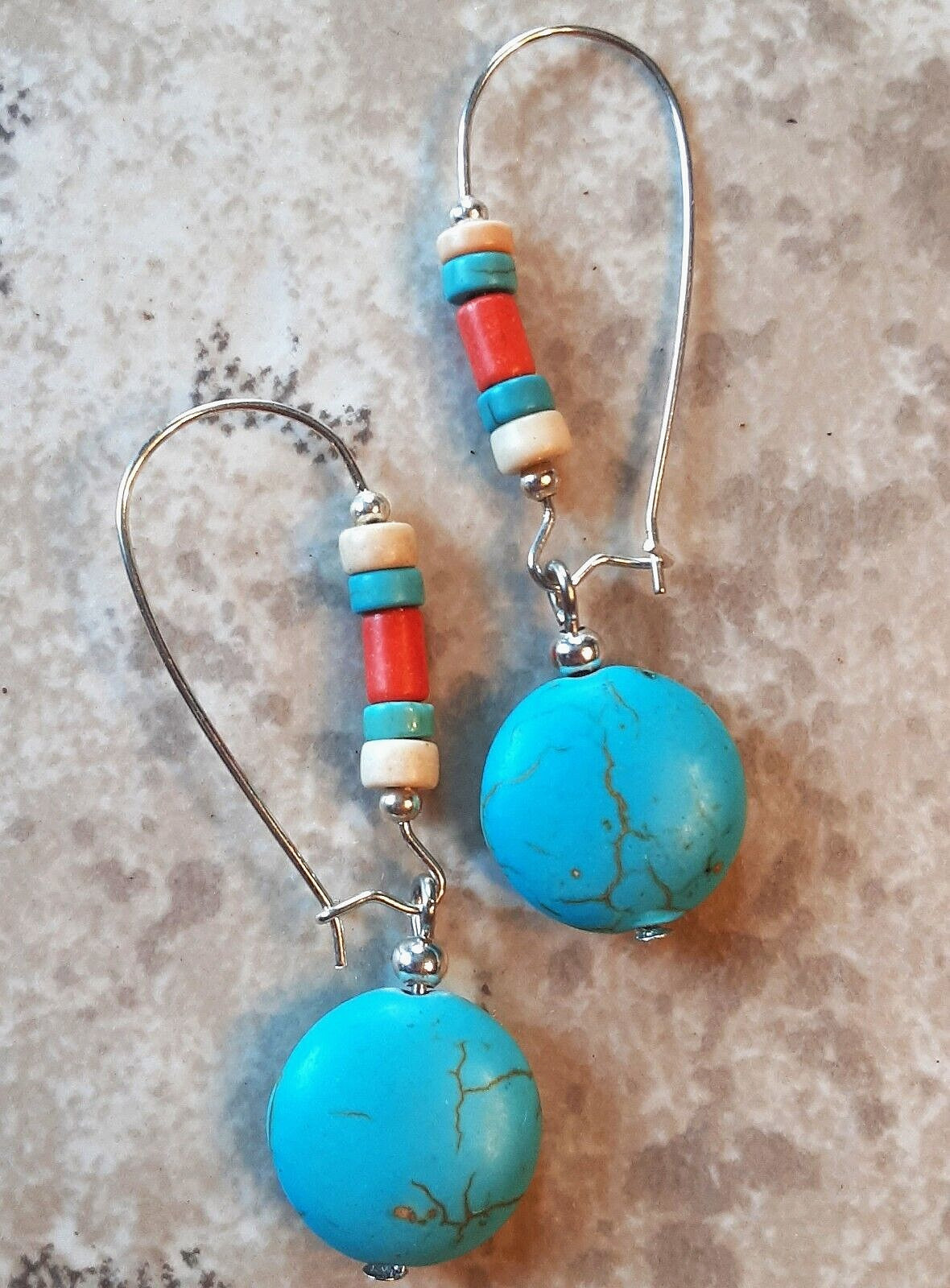 TURQUOISE HOWLITE Colorful Heishi Beads Kidney Wire earring #552