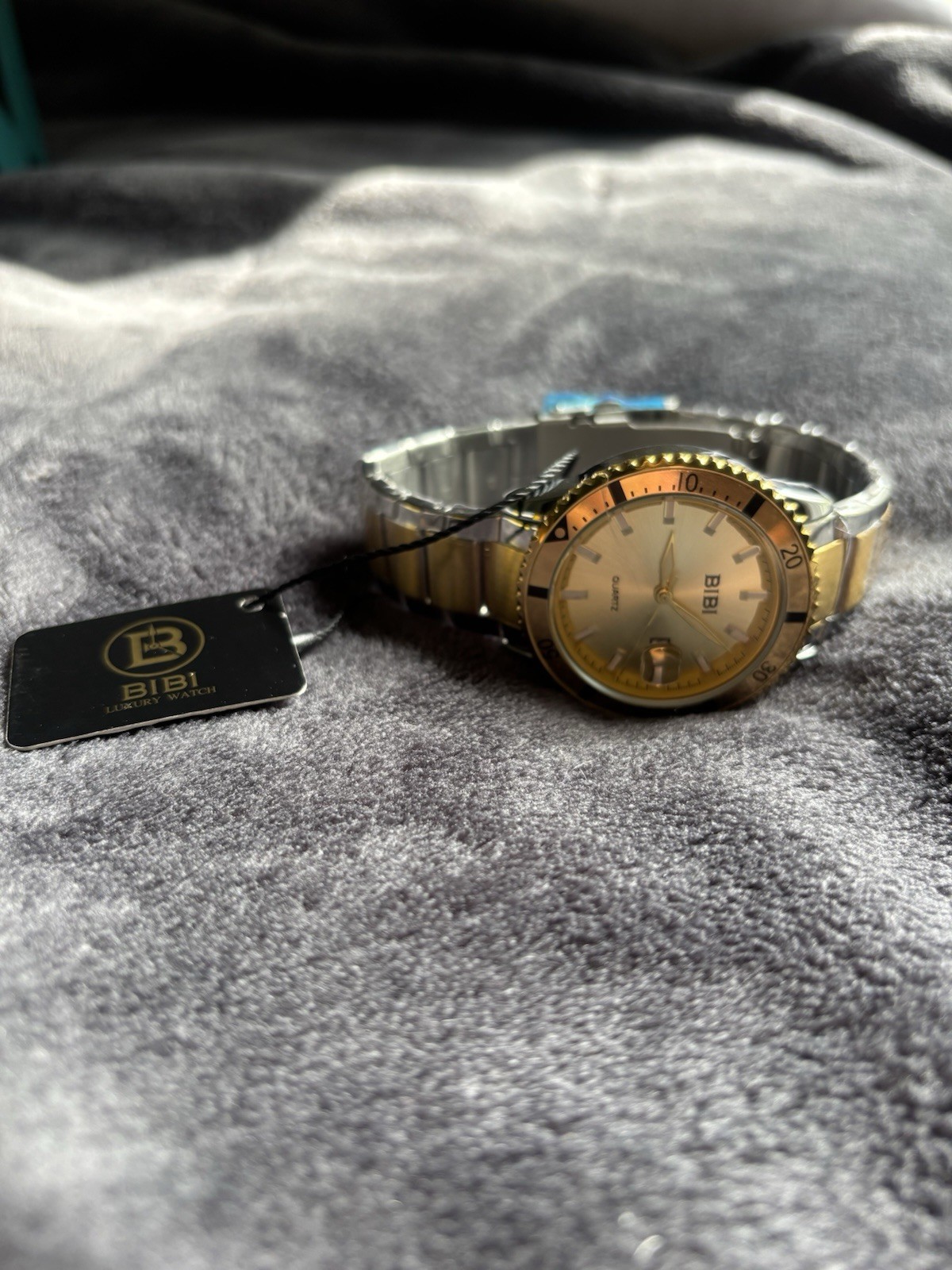 BIBI Luxury Watch Quartz Analog Two-Tone SS Bracelet Gold Dial Date Box