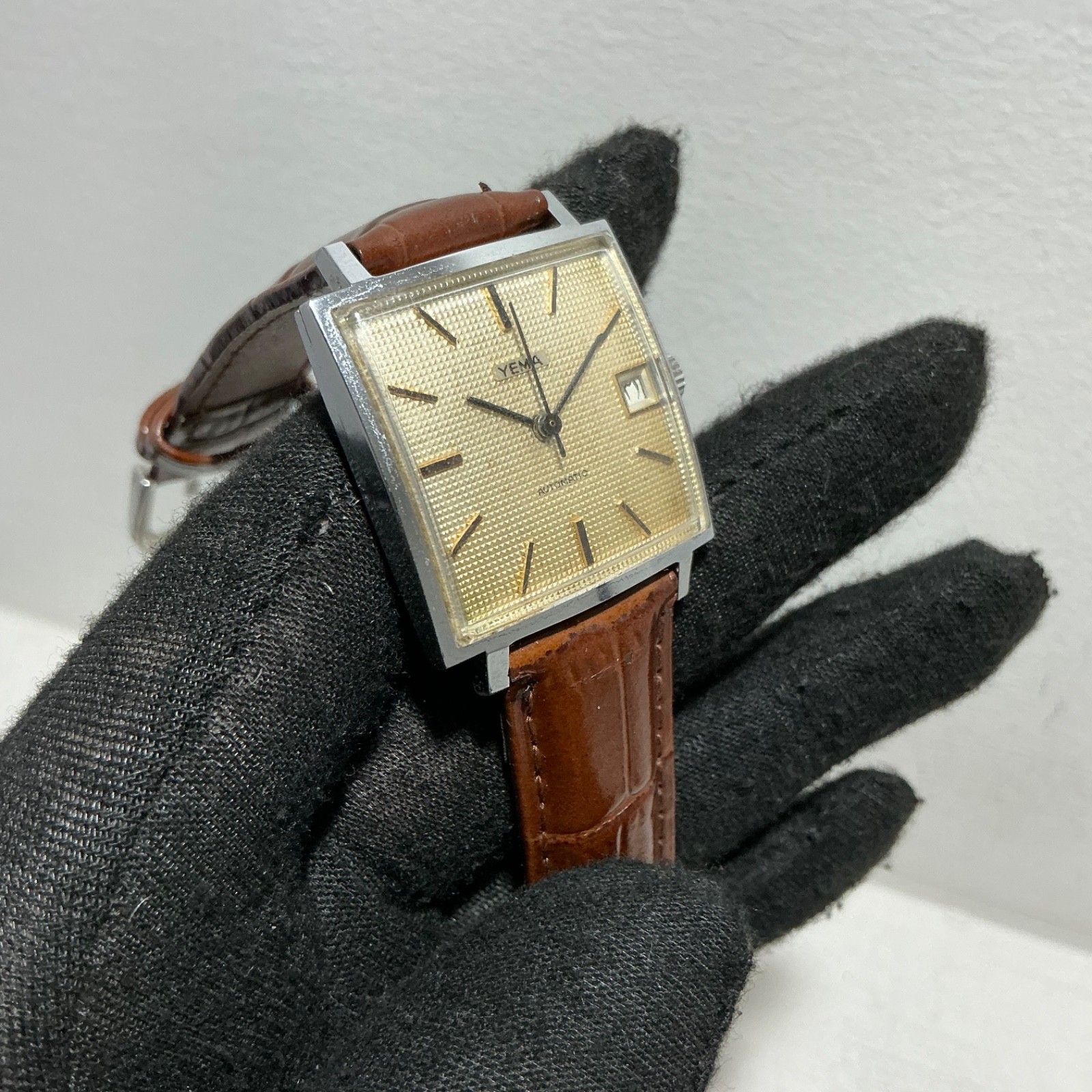 Vintage Yema Automatic Arabic Date Textured Dial Square 29mm Swiss