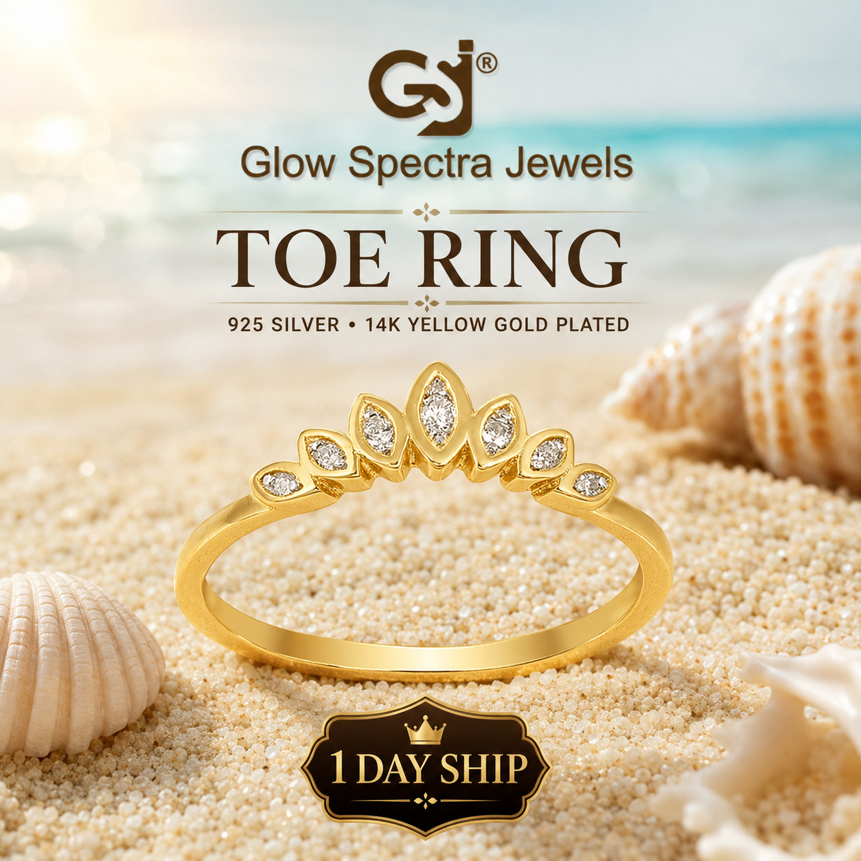 925 Sterling Silver Curved Tiara Toe Ring 14k Yellow Gold Plated