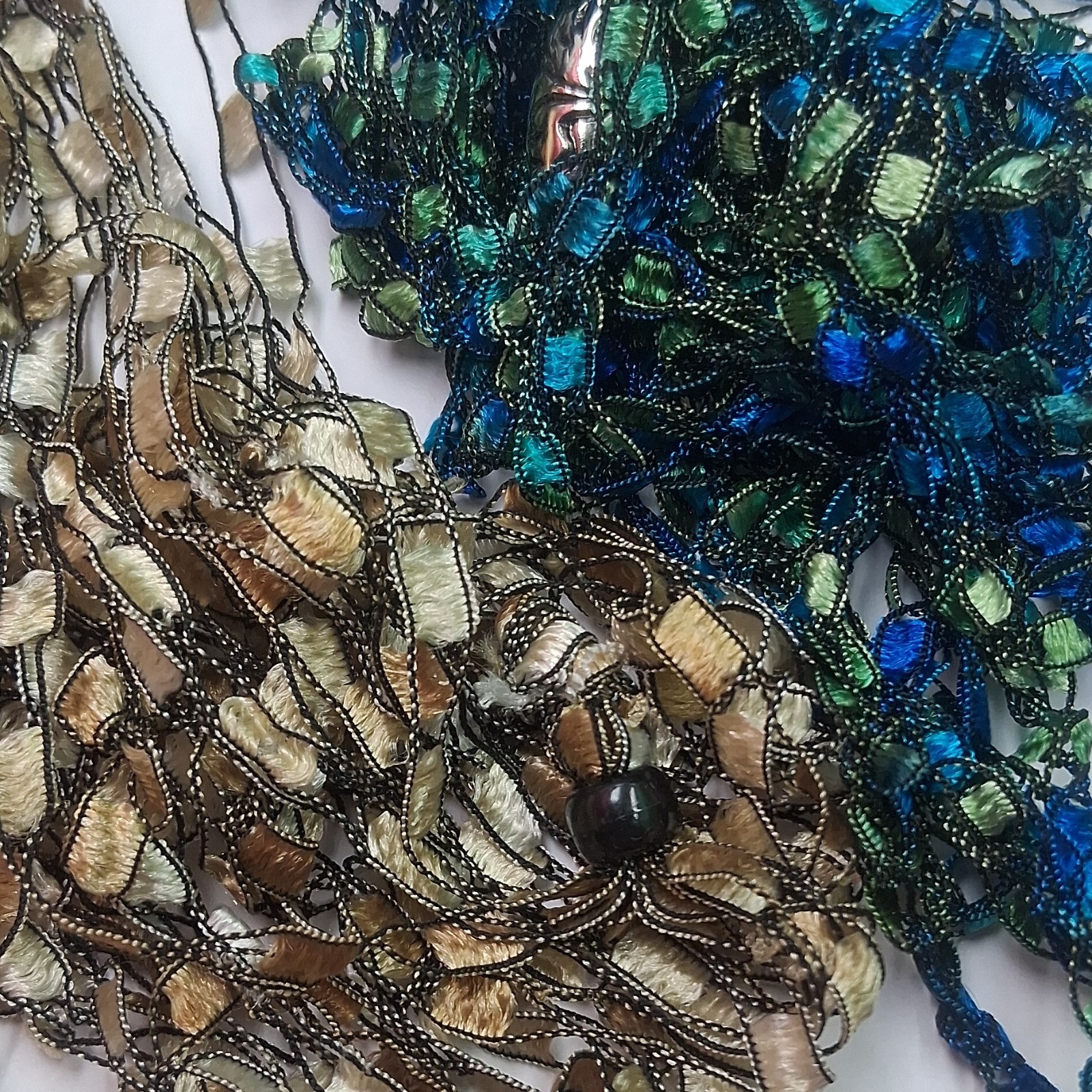 2 Handcrafted beaded statement necklace glass blue green brown thread women