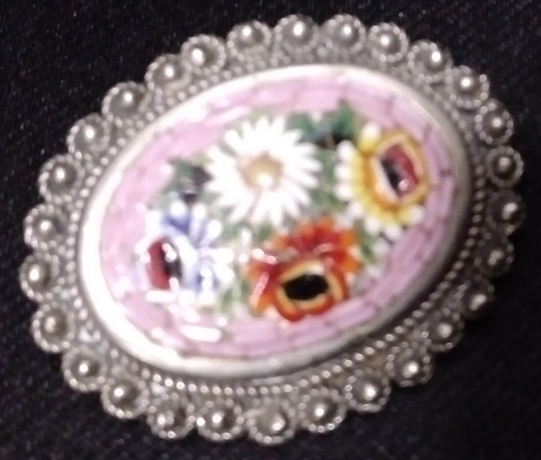 Vintage Italian Silver Unusual Color Micro Mosaic Floral Brooch Pin