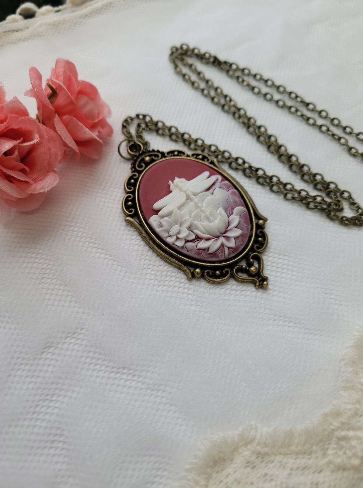 Red White Dragonfly Cameo Anniversary Birthday Daughter Sister Bronze Necklace
