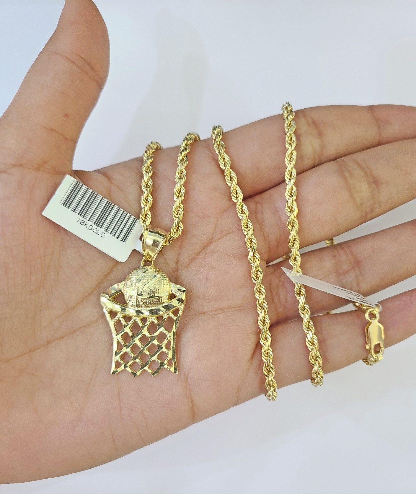 10k Gold Basketball Goal Pendant Rope Chain 3mm 18” Necklace Set Yellow Genuine