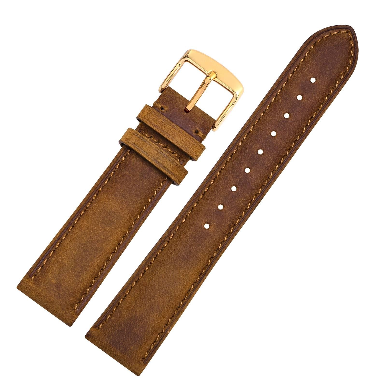 18mm Genuine Leather Watch Band with Gold Buckle (Caramel Brown)