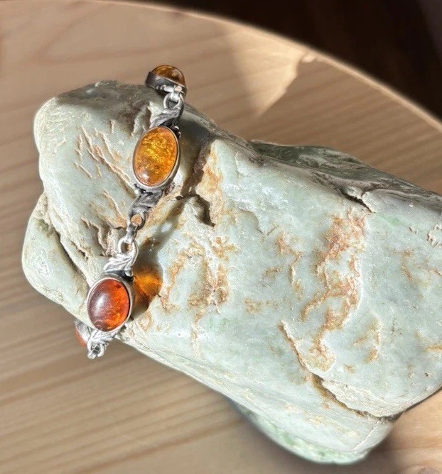 Vtg 925 Sterling Oval Cognac Amber Stones Link Leaf Chain Bracelet 7 Inches 10g
