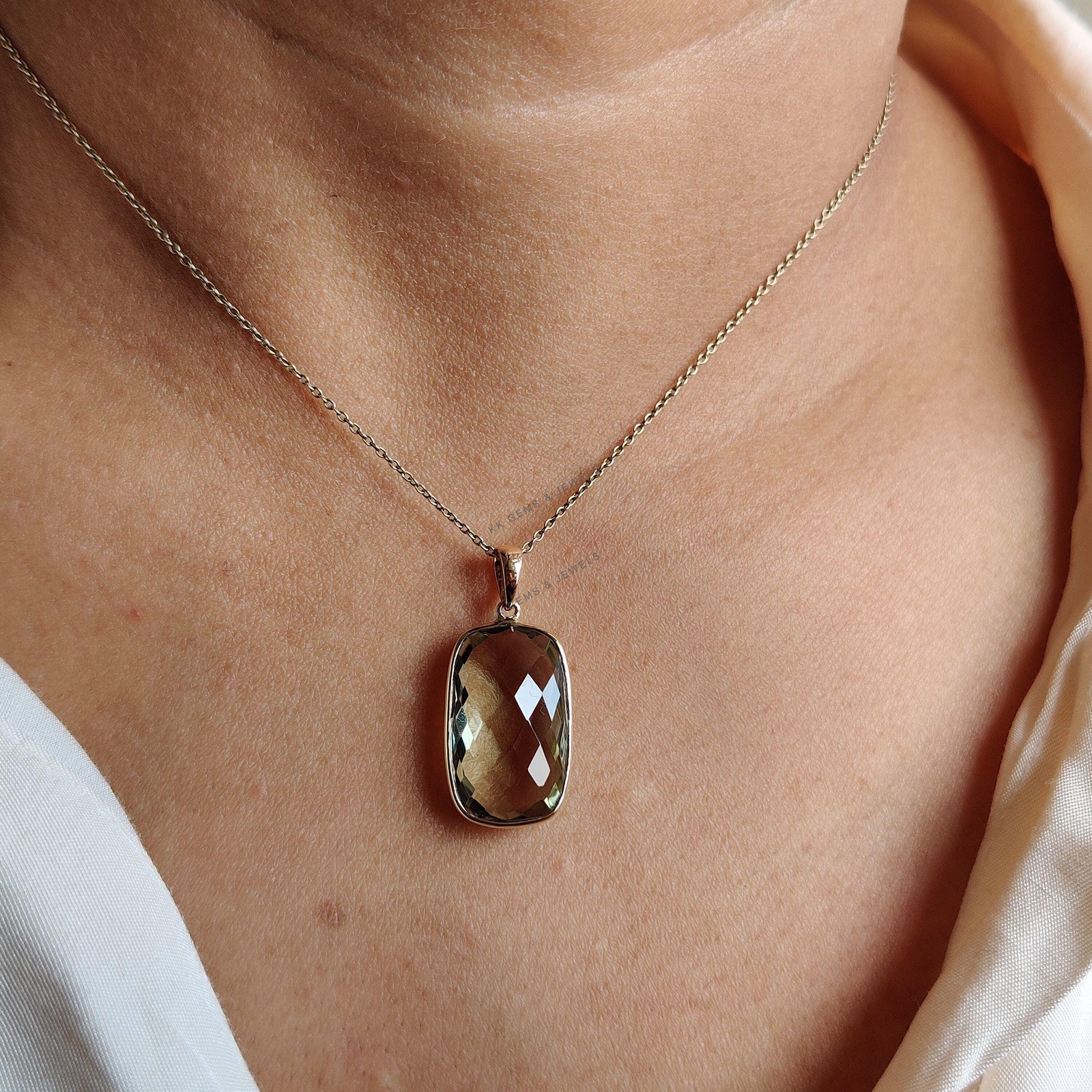 11.70 Ct Natural Green Amethyst Pendant 14K Gold Bezel February Birthstone Gift