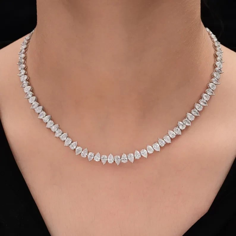 22.00 Ctw Pear Lab Created Diamond Tennis Necklace 14k White Gold Plated