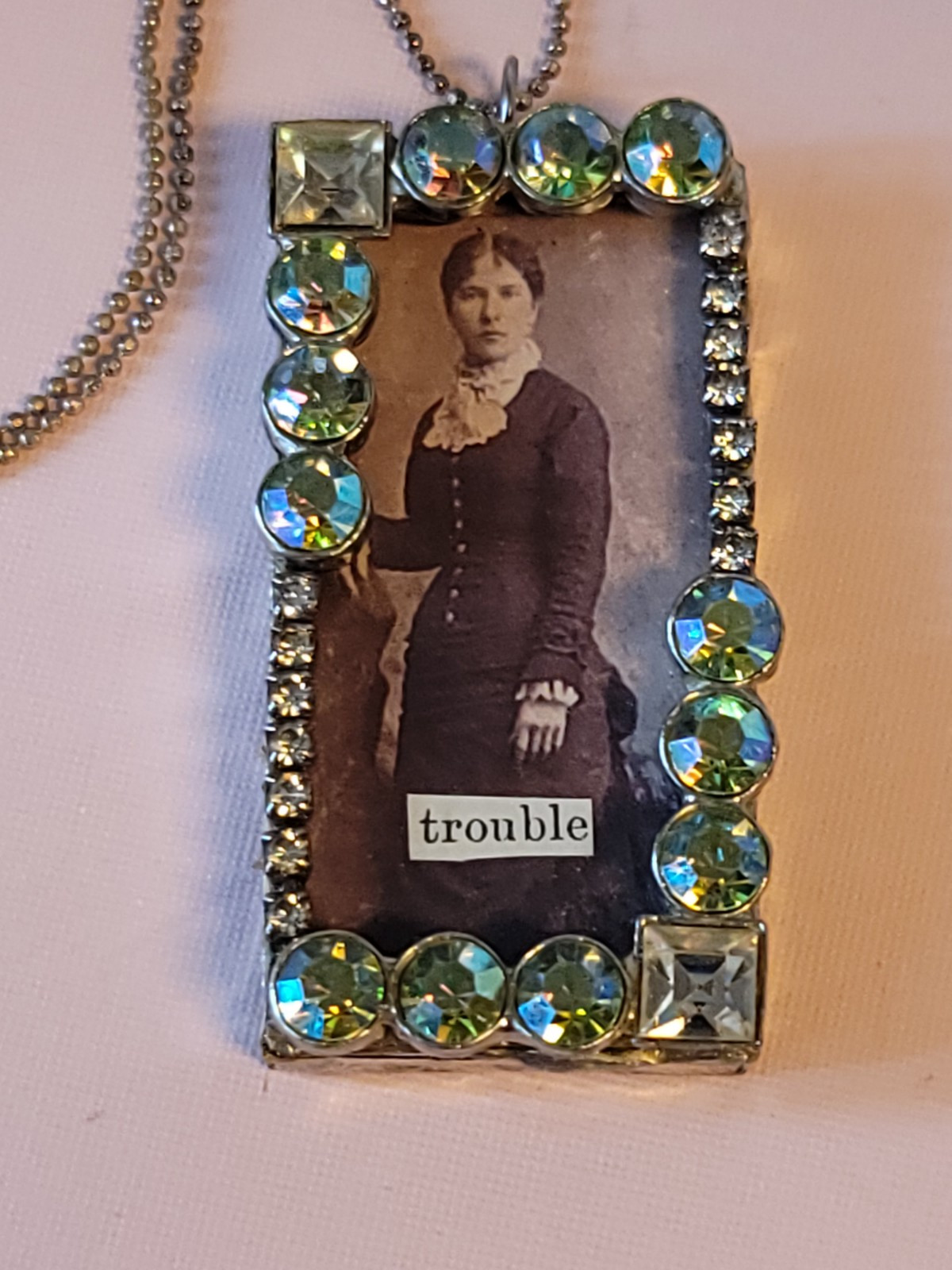 Artisan Victorian Lady Rhinestone Picture TROUBLE Necklace Pendant