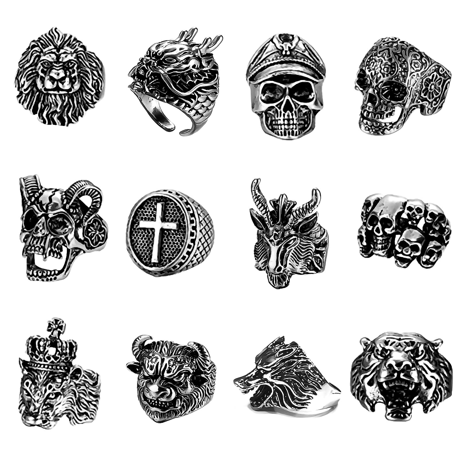 12 Pieces Vintage Punk Rings Set, Stainless Steel Gothic Biker Adjustable Rin…