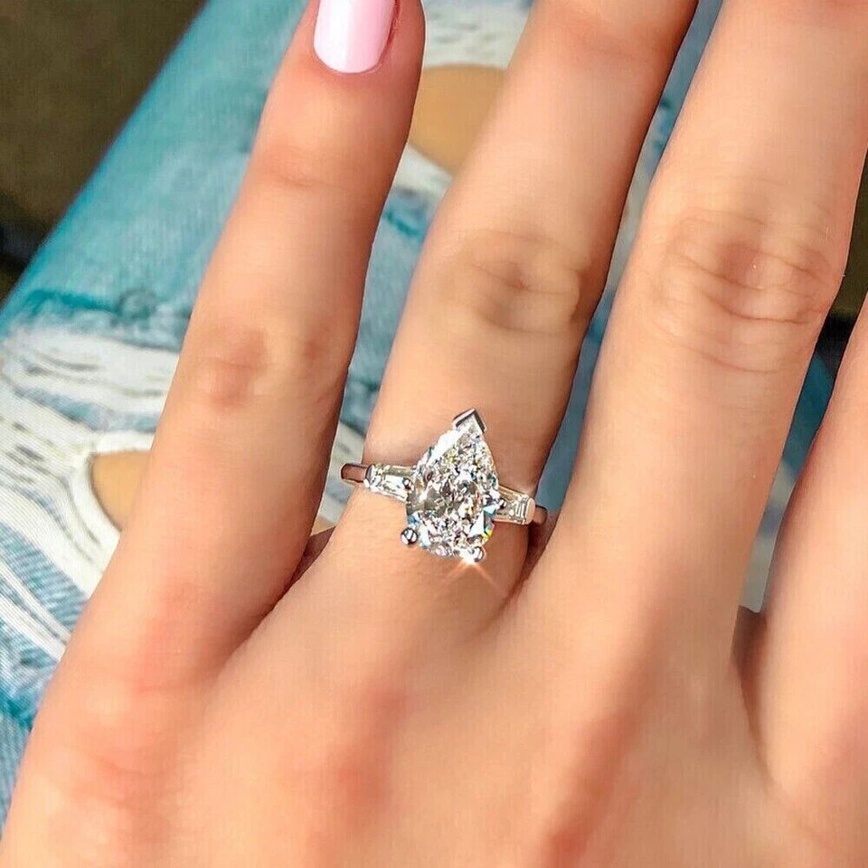 2Ct Pear Cut Lab Created Diamond Solitaire Engagement Ring 14K White Gold Plated