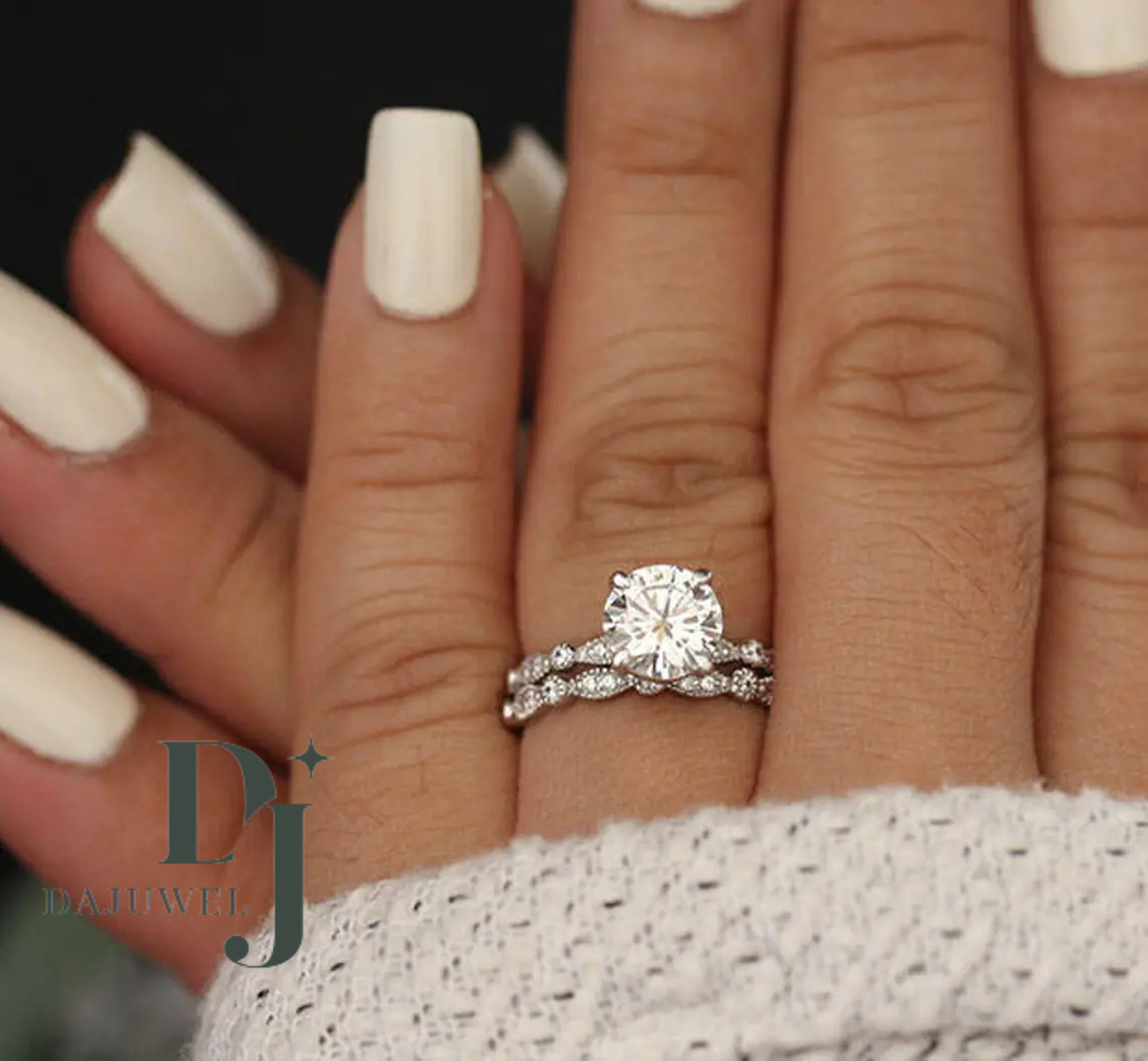 2 Ct Round Cut Bridal Set White Moissanite Engagement Ring Solid 14k White Gold