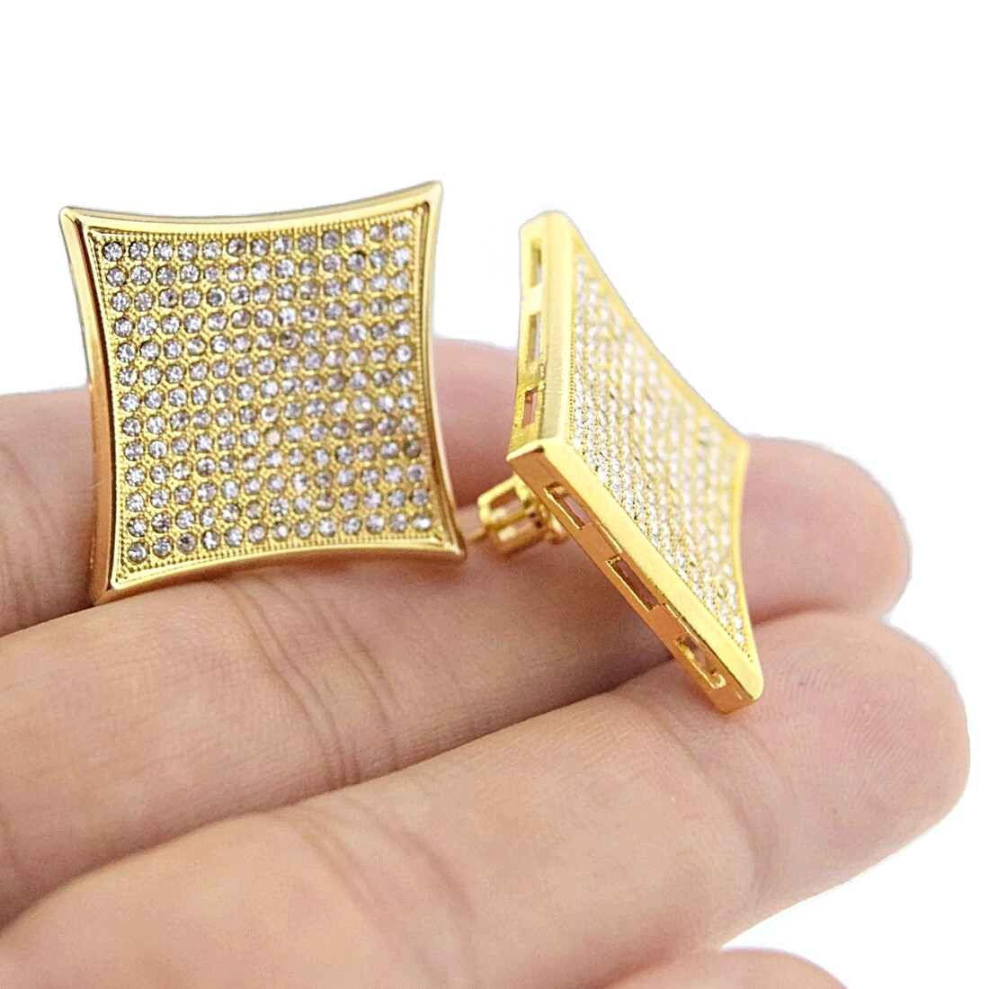 Men’s Huge 25MM Hip Hop Kite Earrings Micro Pave 13 Rows Gold Plated Screw Back