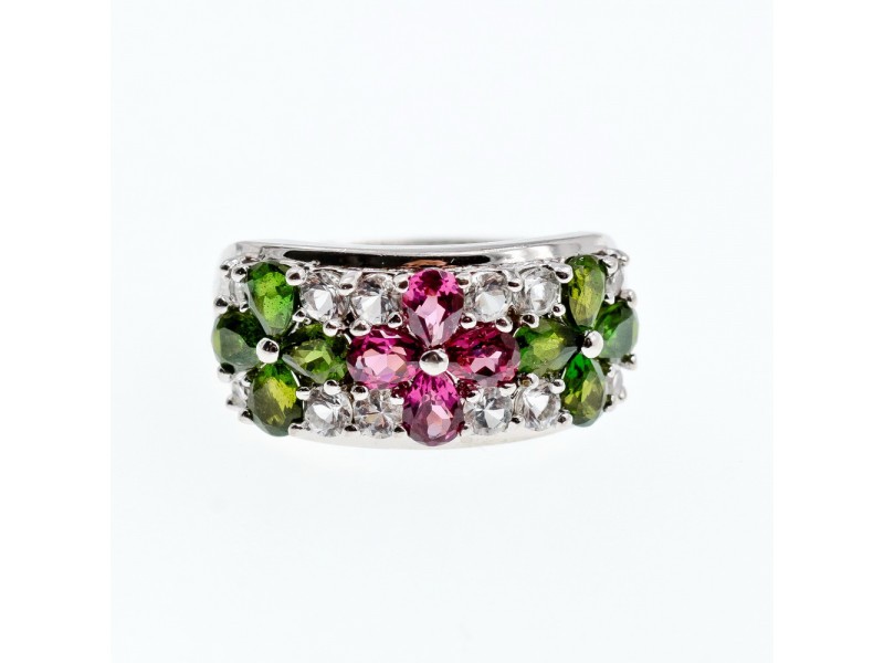 925 Sterling Silver Emerald, Pink Topaz & Goshenite “Flowers” Ring Size 7.5