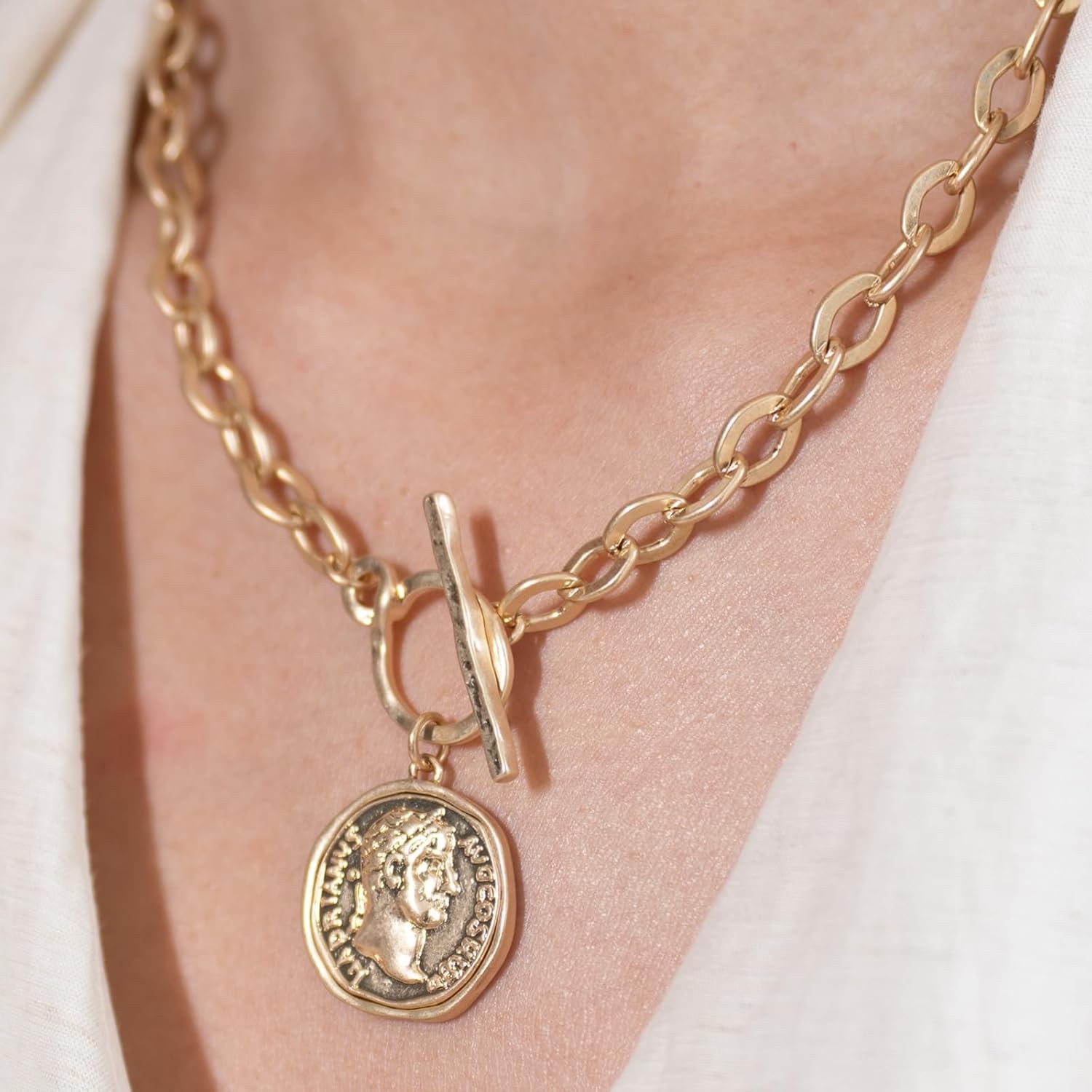 Chunky Coin Antique Gold Plated Thick Link Chain Layered Pendant Necklace for Wo