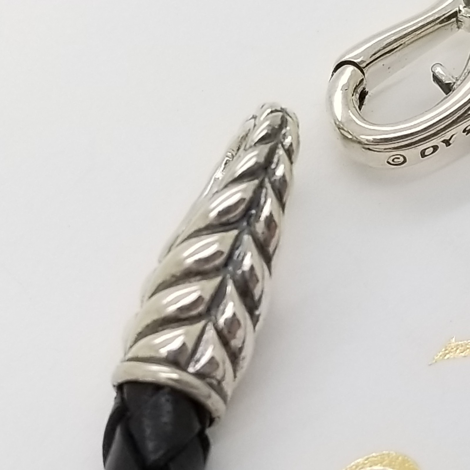 David Yurman Mens 925 Sterling Silver 8.5in Black Leather Woven Chevron Bracelet