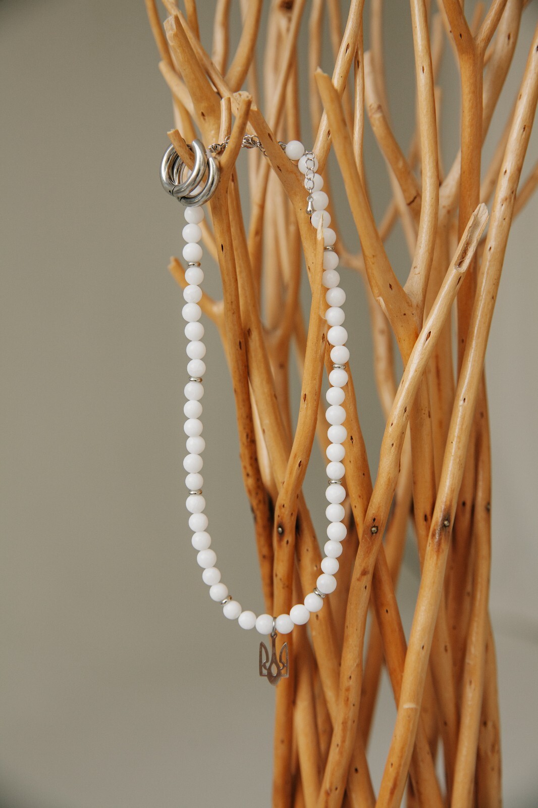 Ukrainian Gemstone Necklace with Tryzub Pendant white jade Trident white Choker