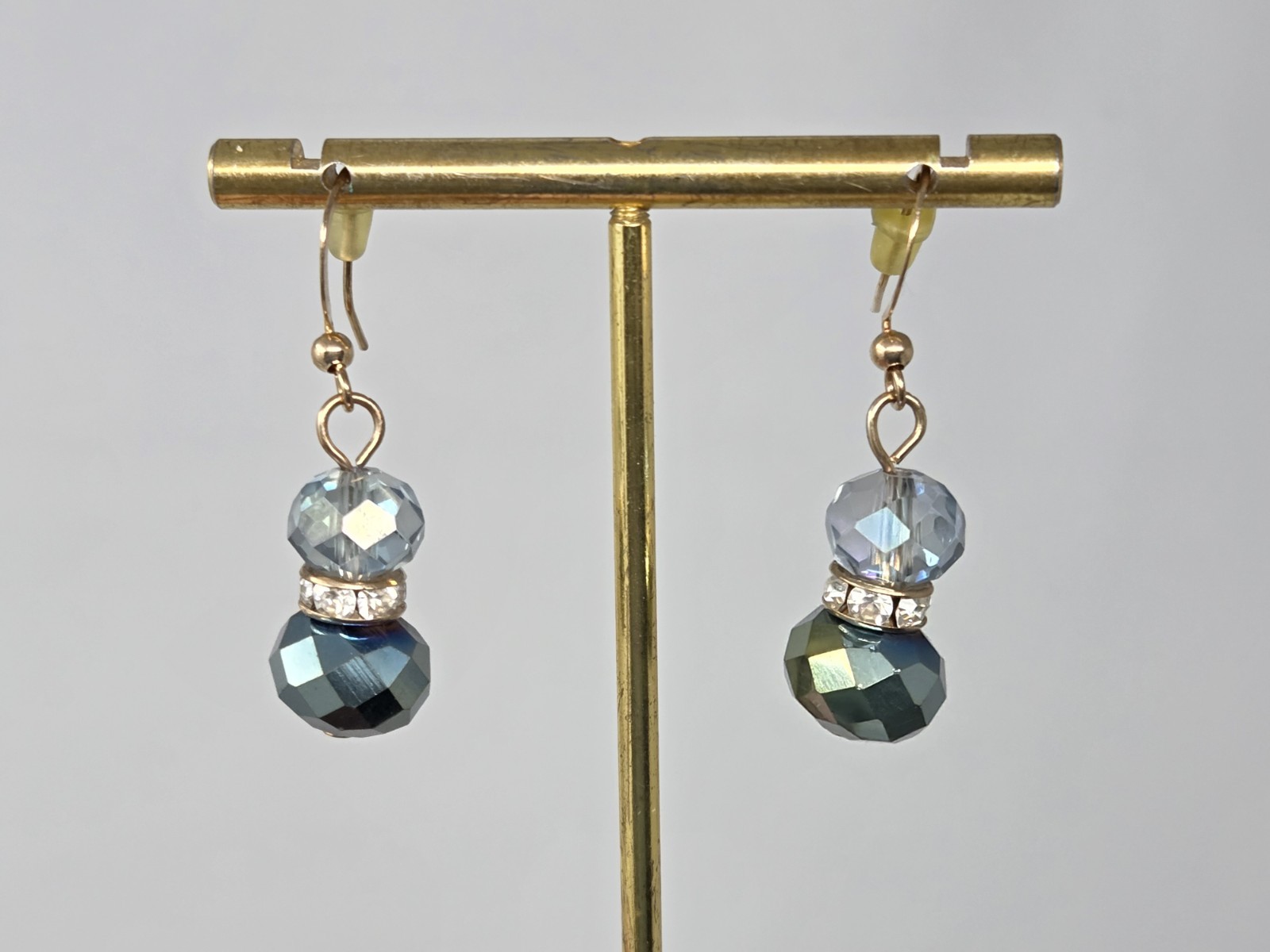 Gold Tone Iridescent Gray & Teal Crystal Long Station Necklace & Earrings Set