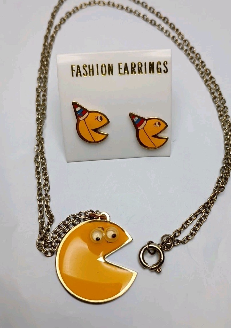Vintage NOS Mrs Pac-Man Birthday Metal Stud Earrings Mr Pac Man Necklace Googly