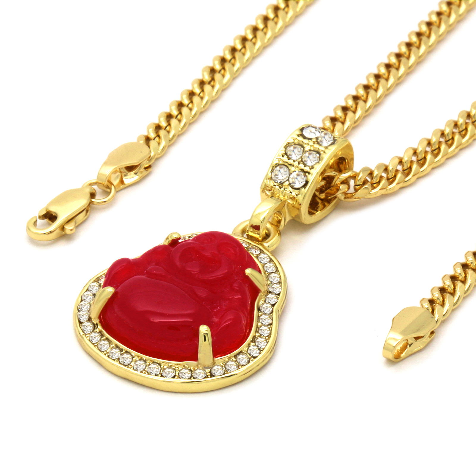 Men 14k Gold Plated green red buddha Cubic-Zirconia 30 & 24″ Cuban Chain