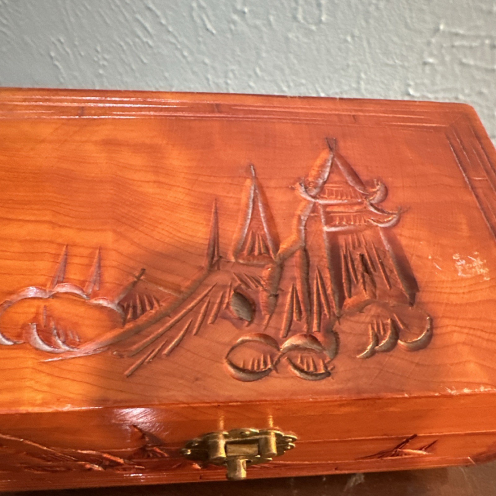 Carved Wood Jewelry Box with Mirror, Velvet Lining, Compartments, Nature Theme