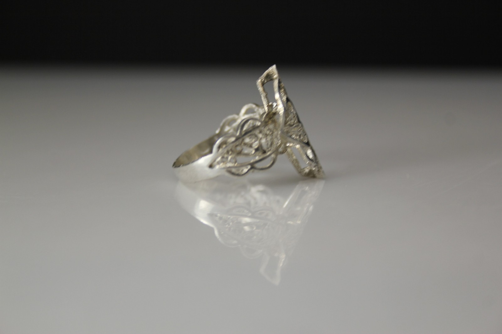 925 Sterling Silver Artisan Marquise Filigree Heart Size 8.75 Ring 3.2g(RIN9703)